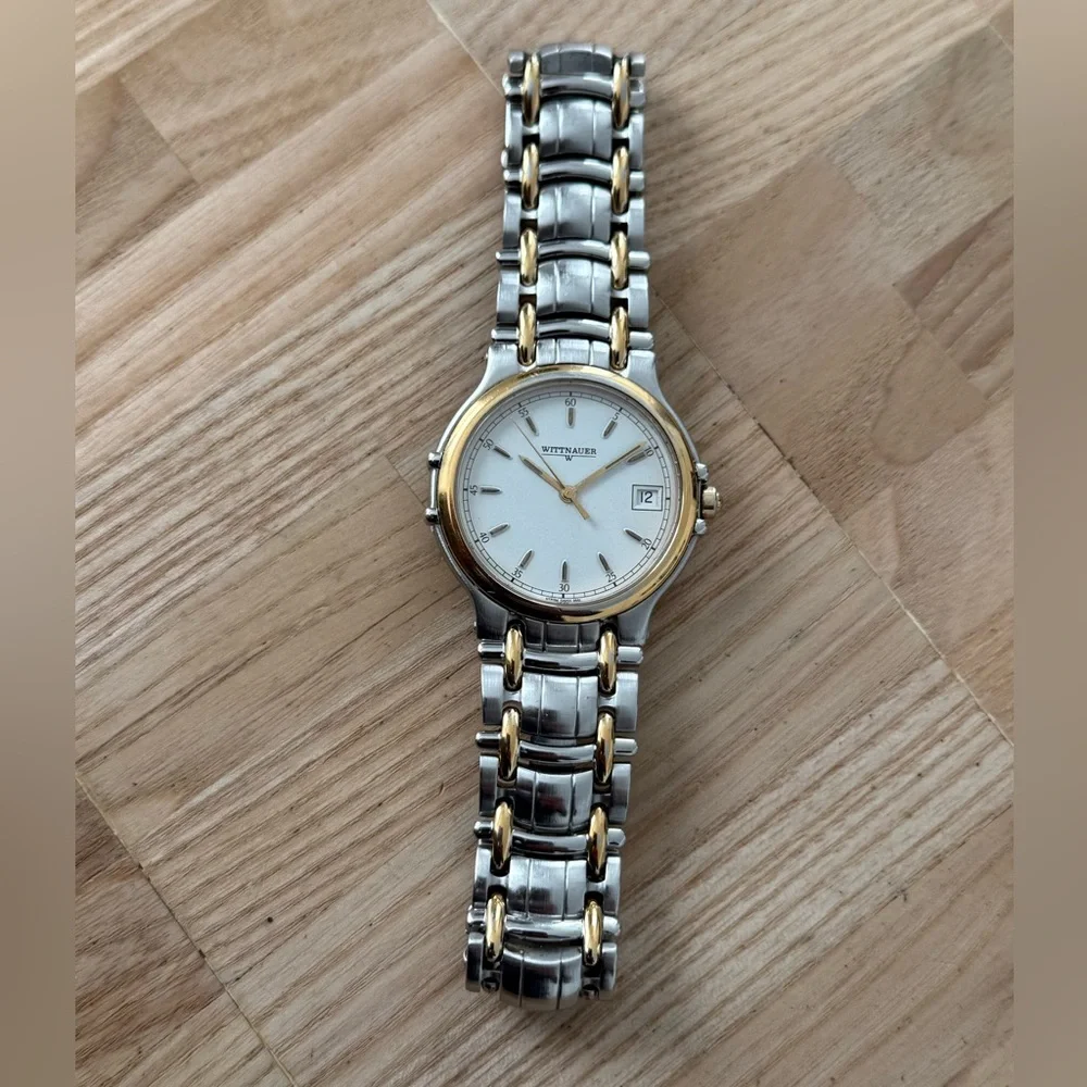 Wittnauer Vintage Luxury Watch Two-Tone Bracelet Case White Dial Date Window